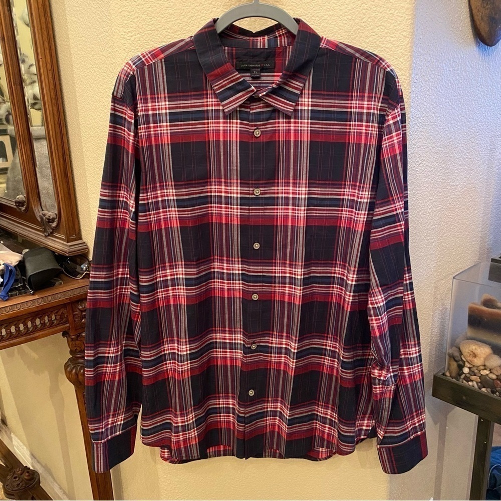 JOHN VARVATOS Men Red Black Plaid Button Long Sleeve Top Size XL